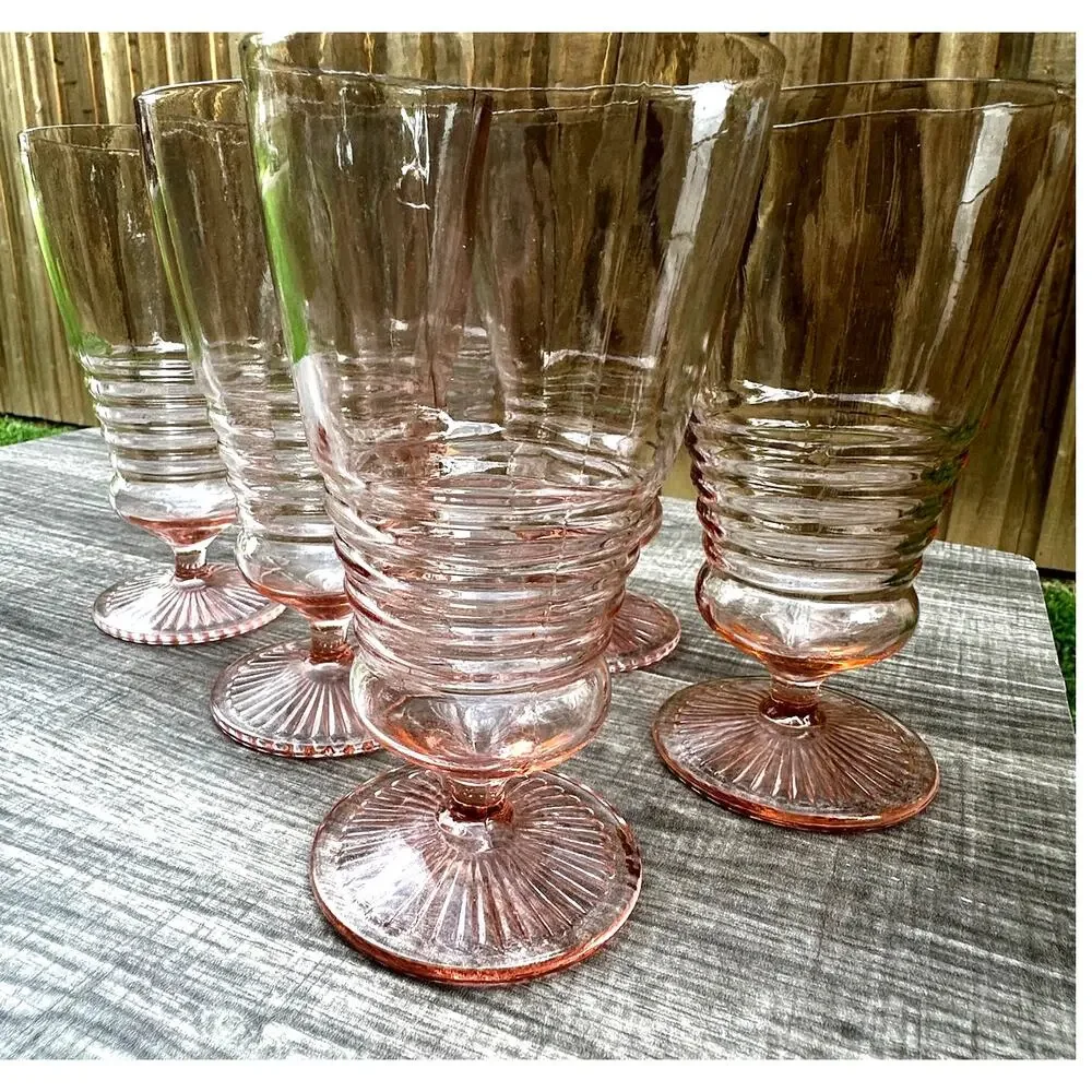 1930's-40's Vintage Pink Depression Glass Footed Soda Fountain Tumblers Set of 5